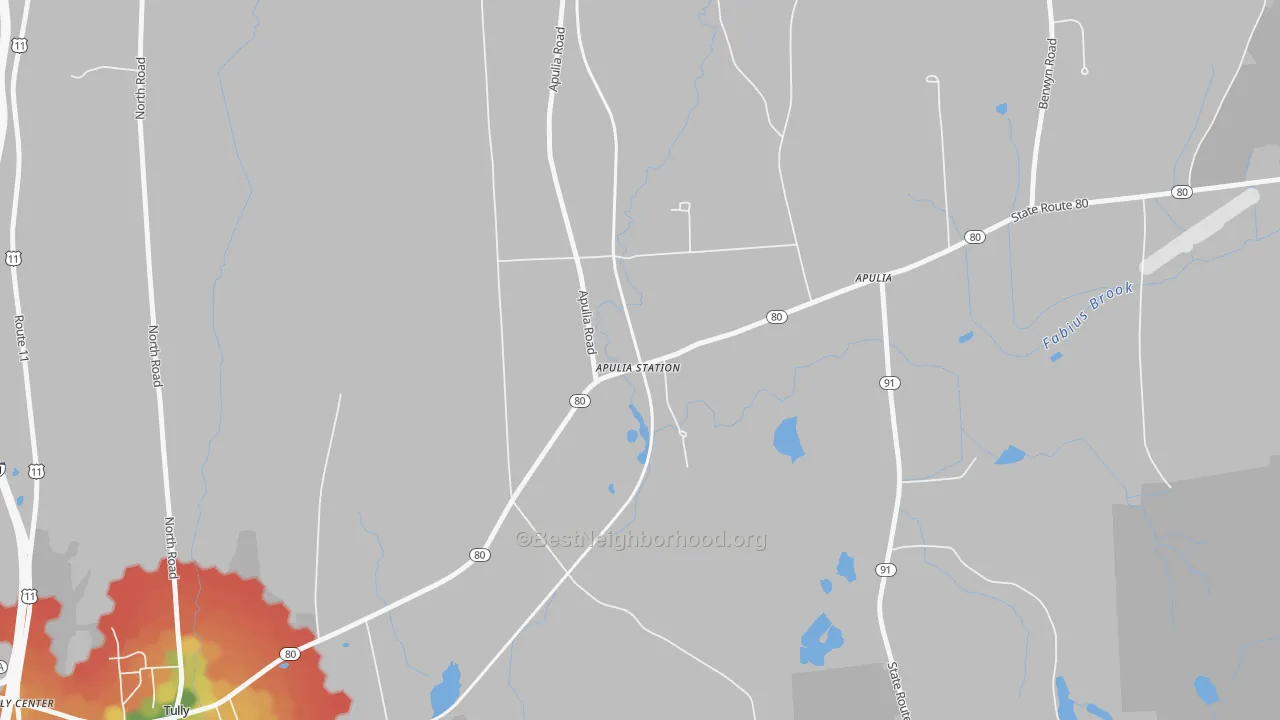 Walk Grade map of 13020, NY, walkable areas in green and car-dependent areas in red