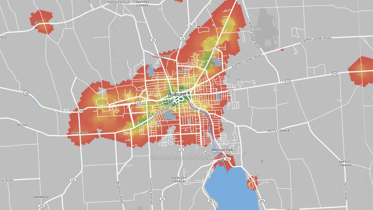 Walk Grade map of 13021, NY, walkable areas in green and car-dependent areas in red