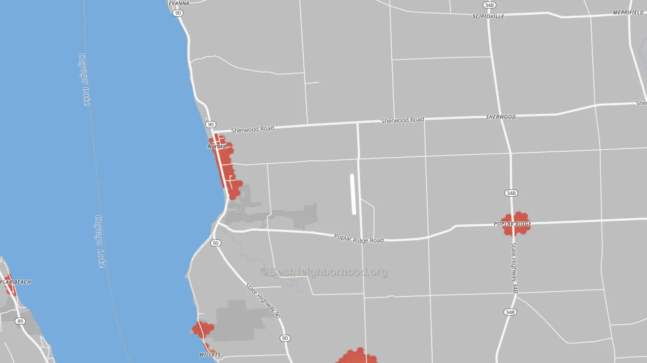 Walk Grade map of 13026, NY, walkable areas in green and car-dependent areas in red