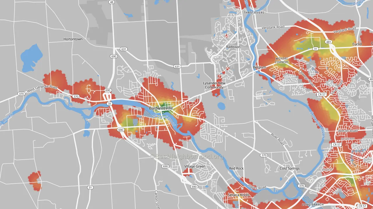 Walk Grade map of 13027, NY, walkable areas in green and car-dependent areas in red