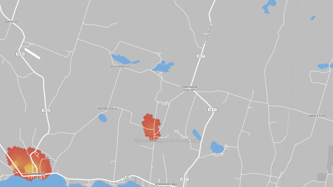 Walk Grade map of 13028, NY, walkable areas in green and car-dependent areas in red