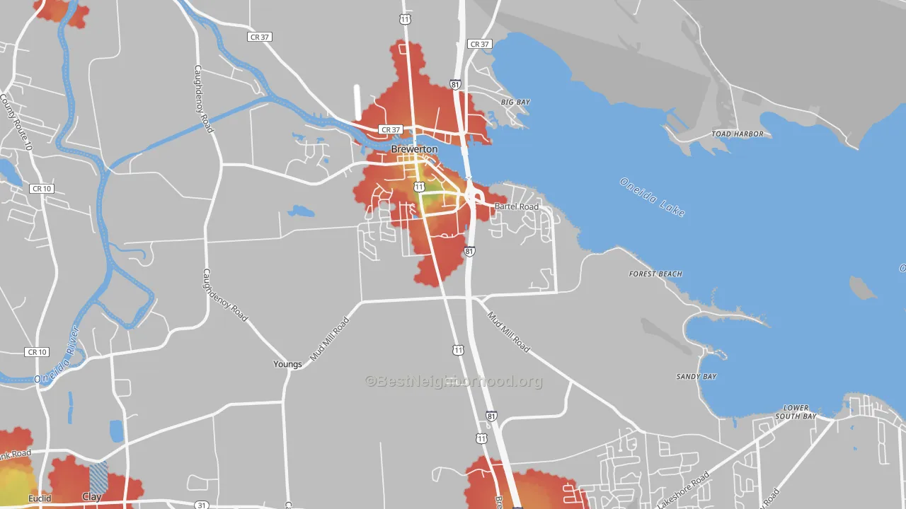 Walk Grade map of 13029, NY, walkable areas in green and car-dependent areas in red