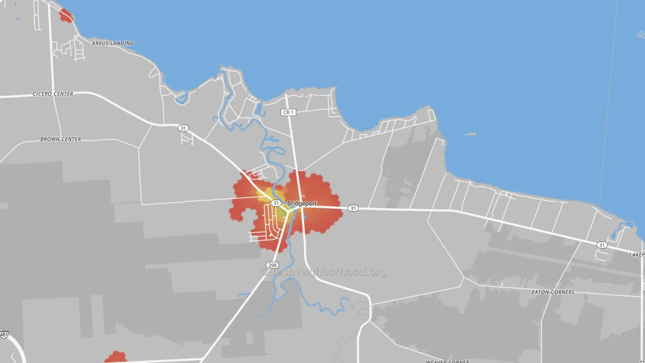 Walk Grade map of 13030, NY, walkable areas in green and car-dependent areas in red
