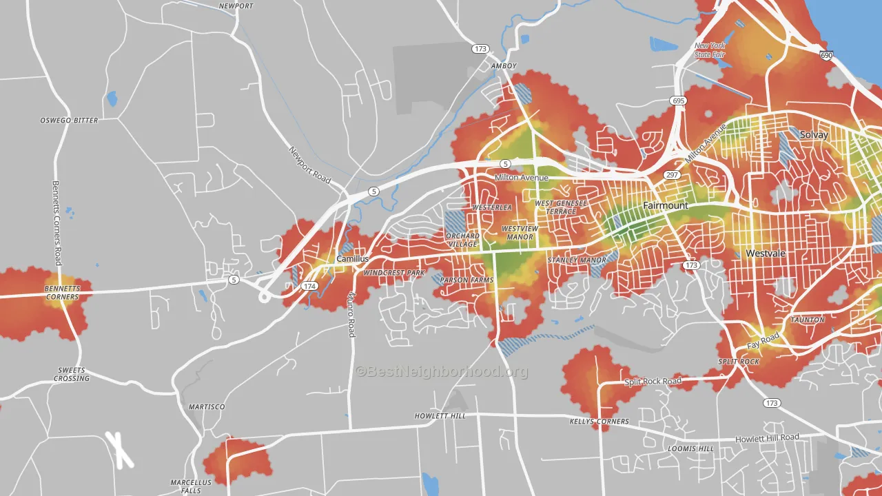 Walk Grade map of 13031, NY, walkable areas in green and car-dependent areas in red