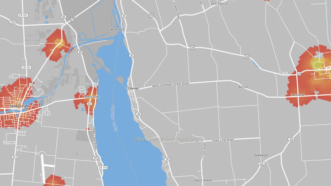 Walk Grade map of 13034, NY, walkable areas in green and car-dependent areas in red