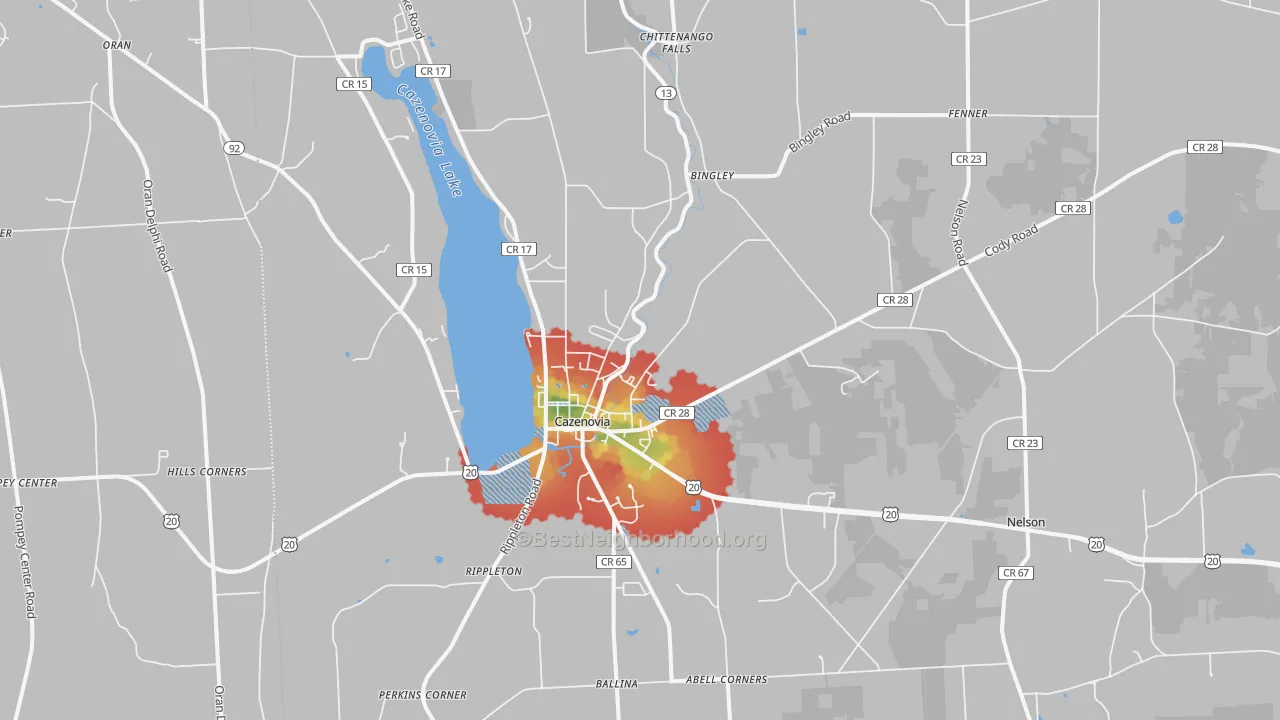 Walk Grade map of 13035, NY, walkable areas in green and car-dependent areas in red