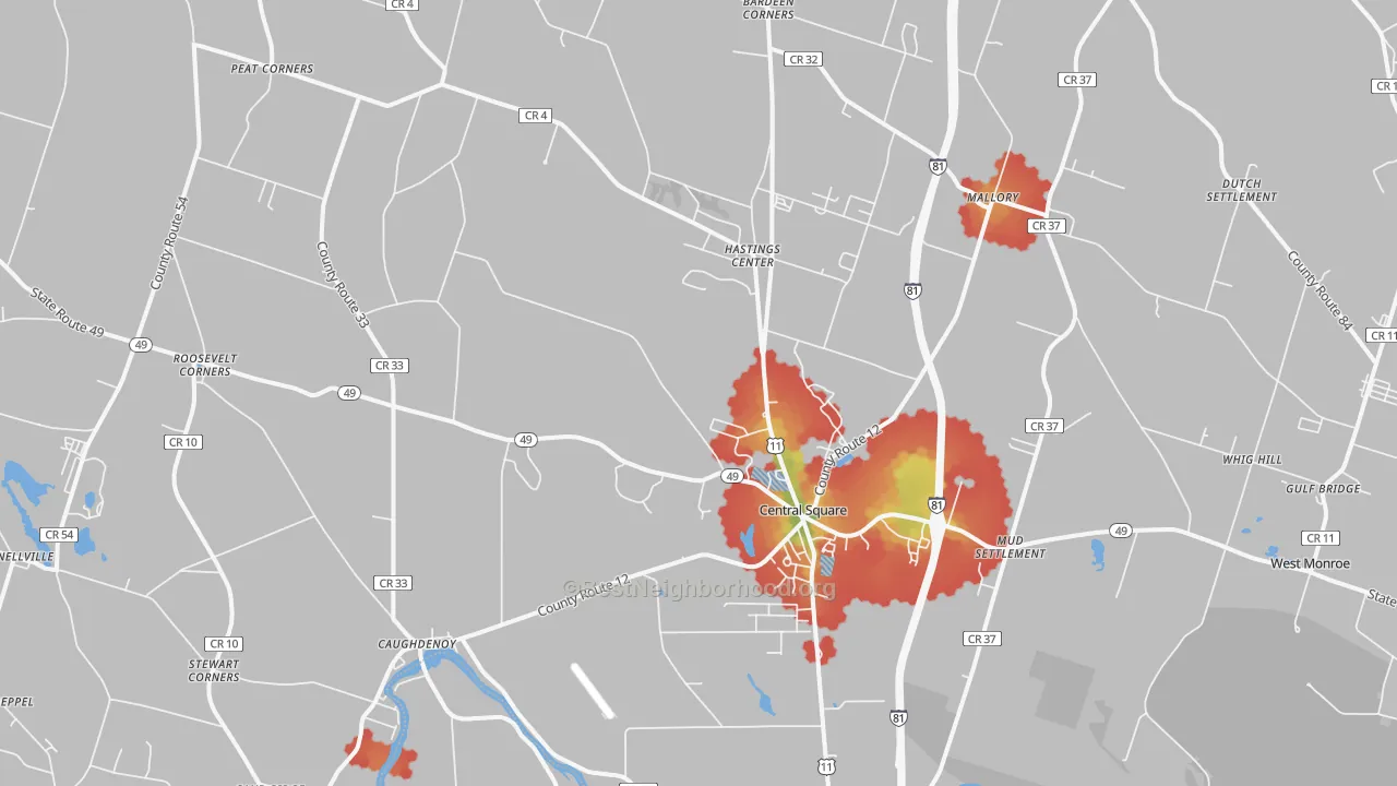 Walk Grade map of 13036, NY, walkable areas in green and car-dependent areas in red