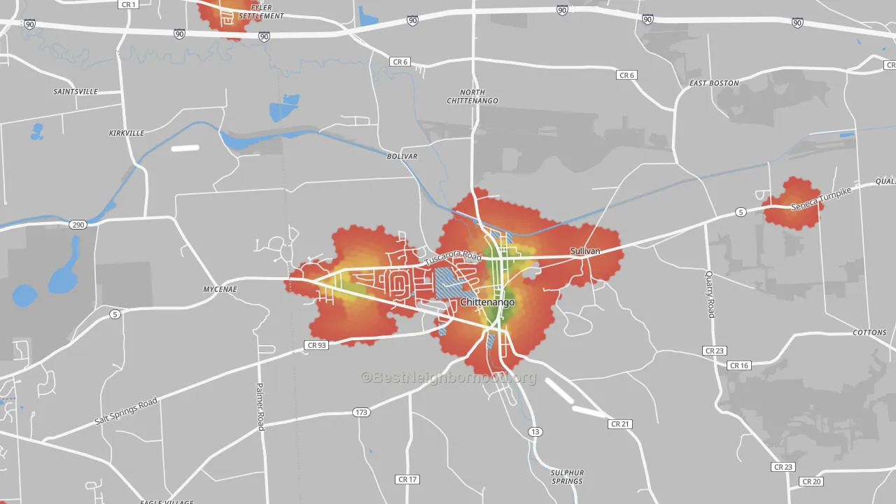 Walk Grade map of 13037, NY, walkable areas in green and car-dependent areas in red