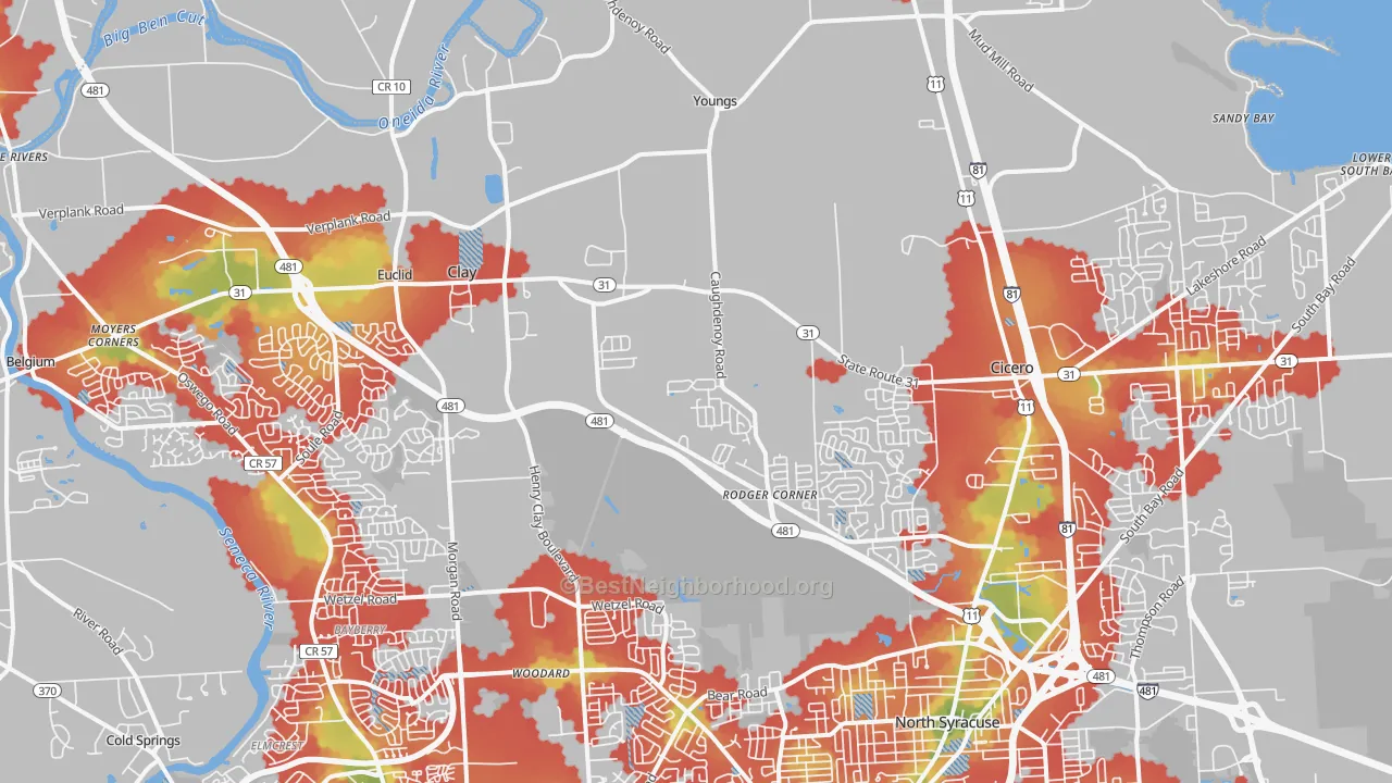 Walk Grade map of 13041, NY, walkable areas in green and car-dependent areas in red