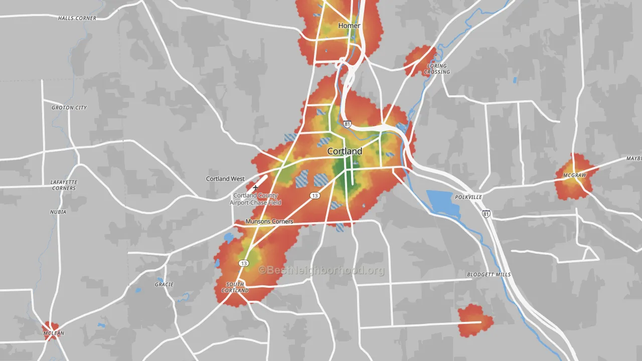 Walk Grade map of 13045, NY, walkable areas in green and car-dependent areas in red