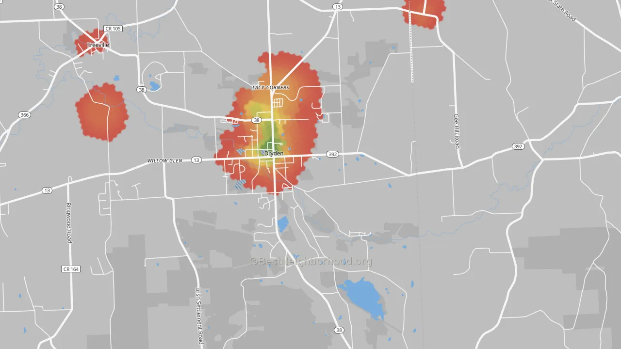Walk Grade map of 13053, NY, walkable areas in green and car-dependent areas in red