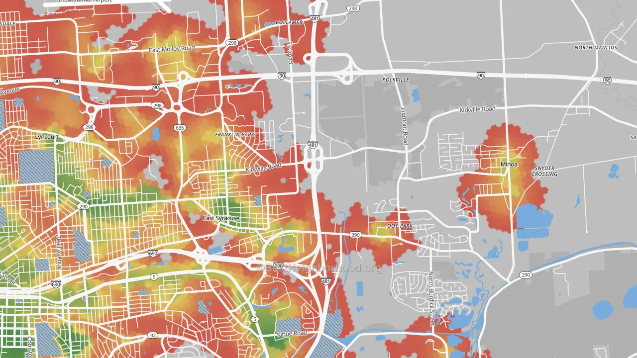 Walk Grade map of 13057, NY, walkable areas in green and car-dependent areas in red