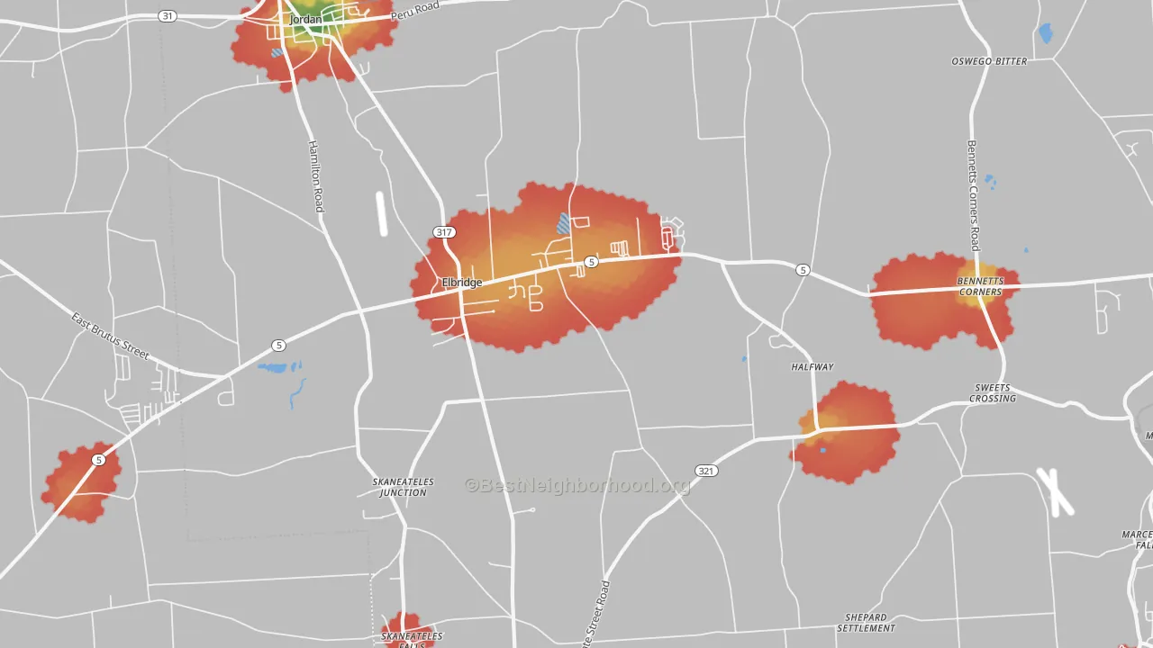 Walk Grade map of 13060, NY, walkable areas in green and car-dependent areas in red