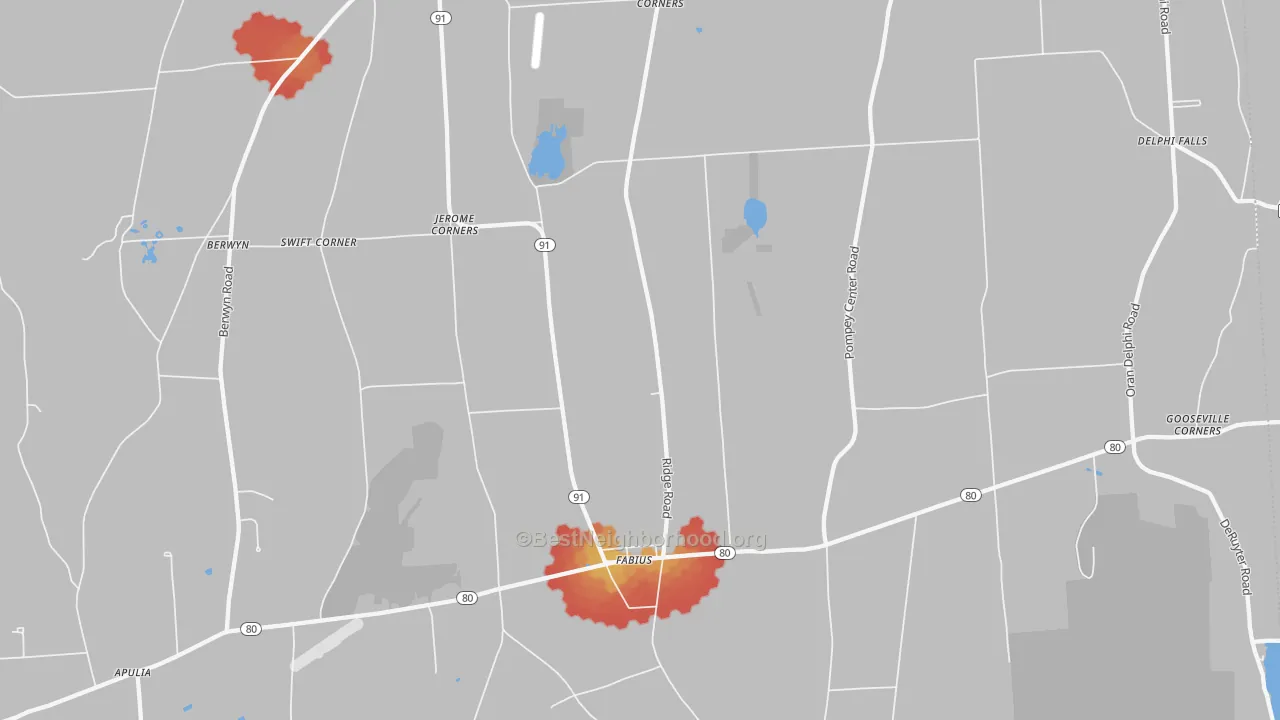 Walk Grade map of 13063, NY, walkable areas in green and car-dependent areas in red