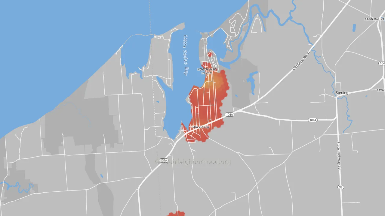 Walk Grade map of 13064, NY, walkable areas in green and car-dependent areas in red