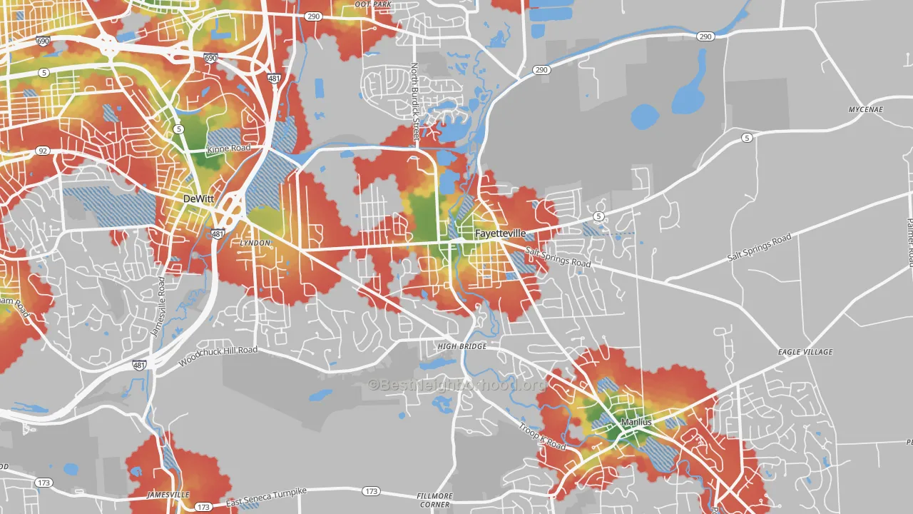 Walk Grade map of 13066, NY, walkable areas in green and car-dependent areas in red