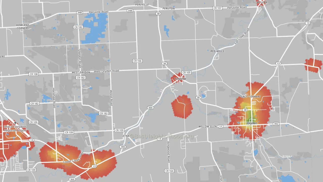 Walk Grade map of 13068, NY, walkable areas in green and car-dependent areas in red