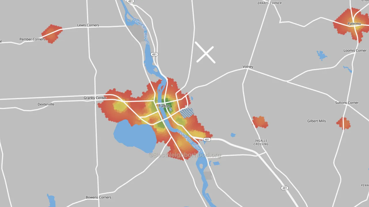 Walk Grade map of 13069, NY, walkable areas in green and car-dependent areas in red