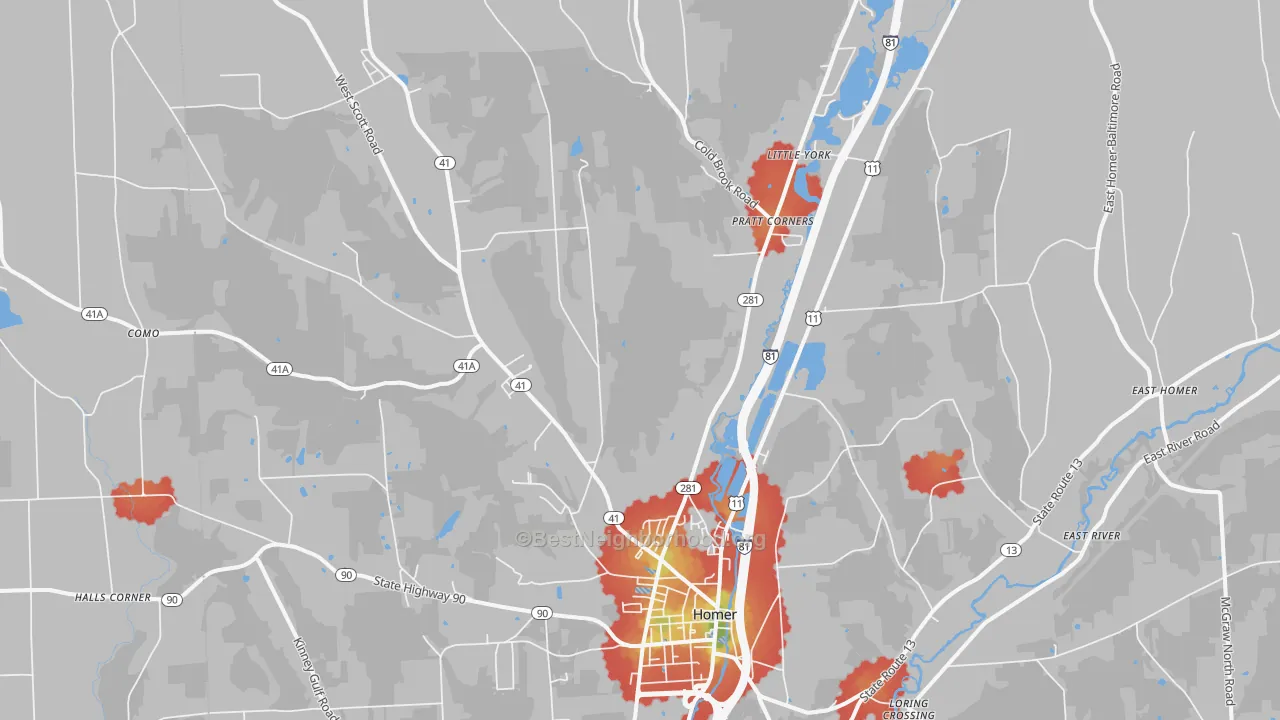 Walk Grade map of 13077, NY, walkable areas in green and car-dependent areas in red