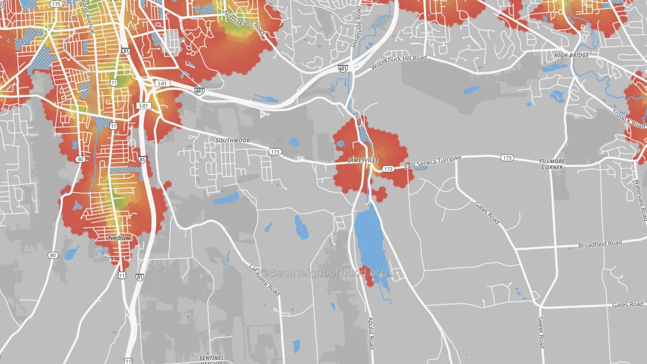 Walk Grade map of 13078, NY, walkable areas in green and car-dependent areas in red