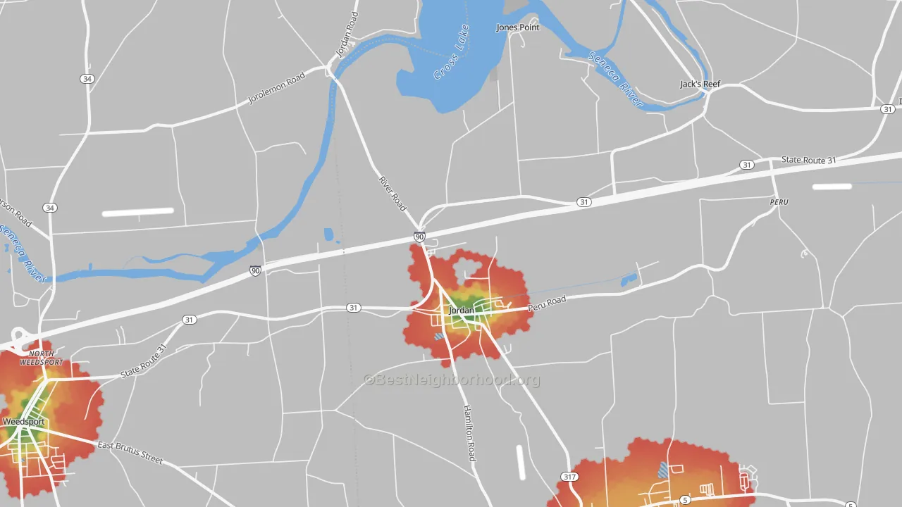 Walk Grade map of 13080, NY, walkable areas in green and car-dependent areas in red
