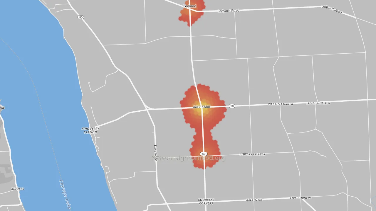 Walk Grade map of 13081, NY, walkable areas in green and car-dependent areas in red