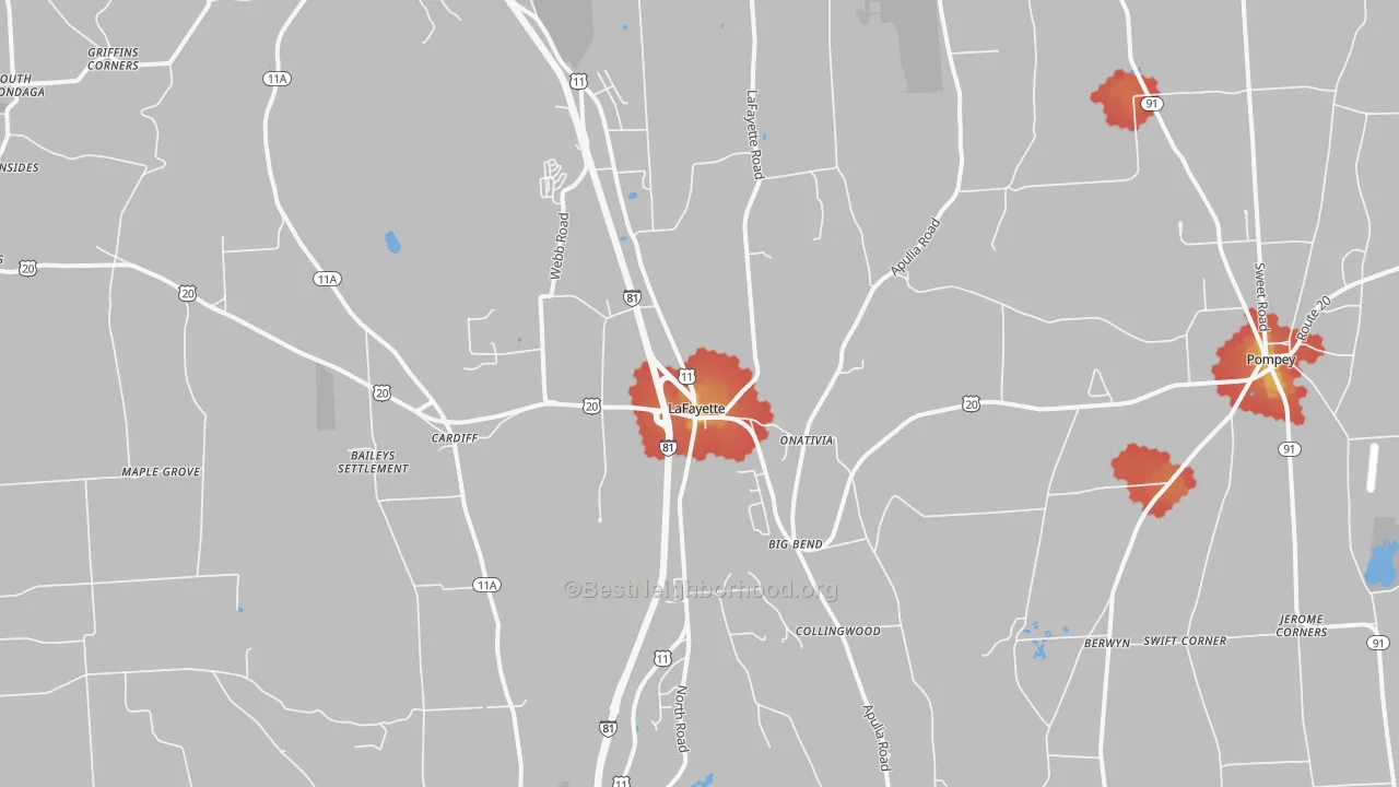Walk Grade map of 13084, NY, walkable areas in green and car-dependent areas in red