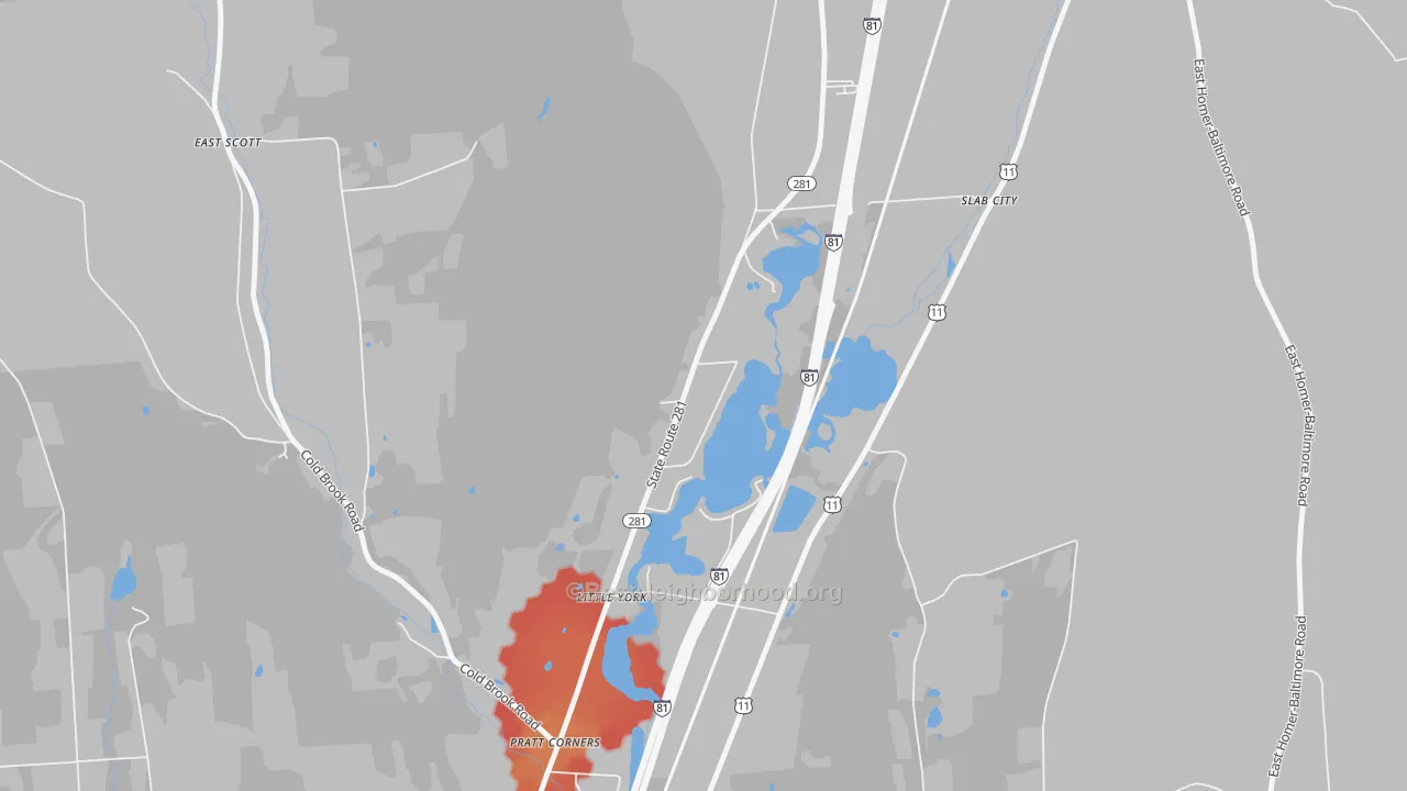 Walk Grade map of 13087, NY, walkable areas in green and car-dependent areas in red