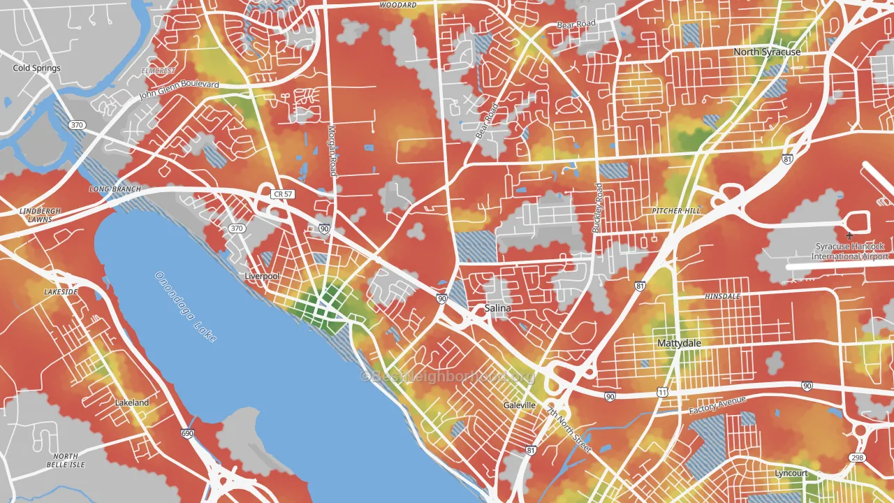 Walk Grade map of 13088, NY, walkable areas in green and car-dependent areas in red