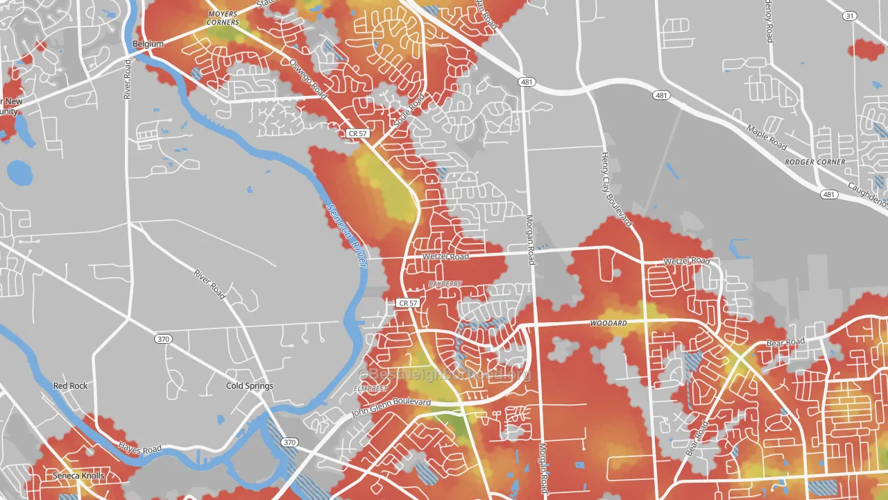 Walk Grade map of 13090, NY, walkable areas in green and car-dependent areas in red