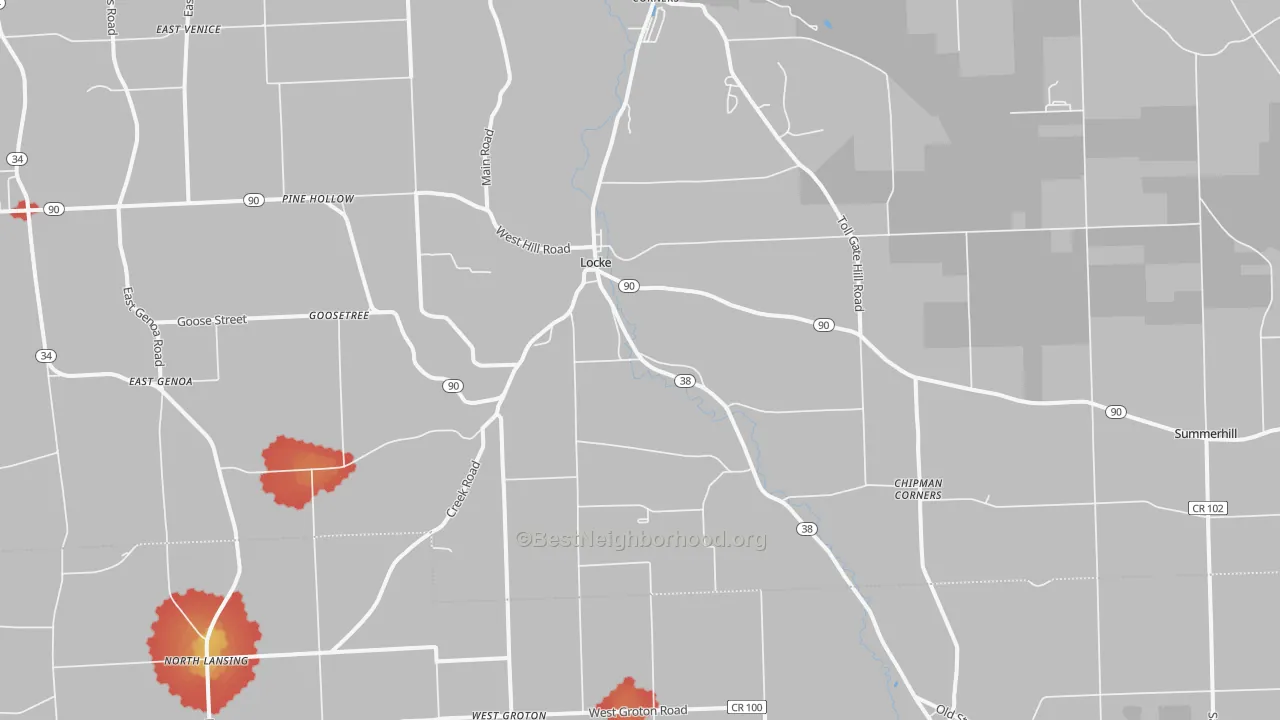 Walk Grade map of 13092, NY, walkable areas in green and car-dependent areas in red