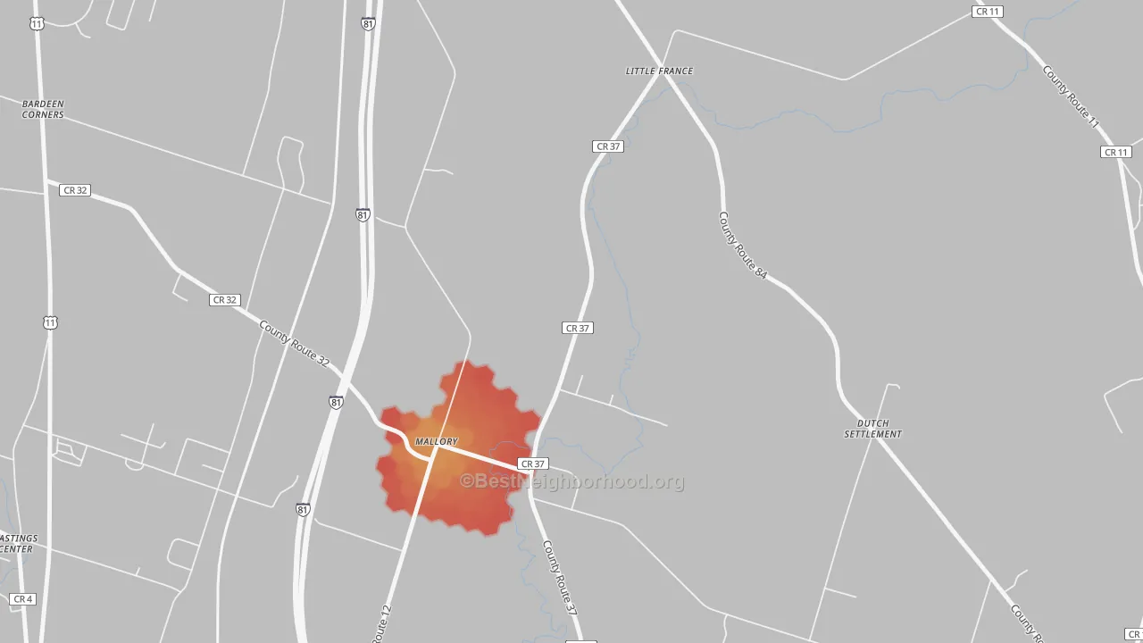 Walk Grade map of 13103, NY, walkable areas in green and car-dependent areas in red