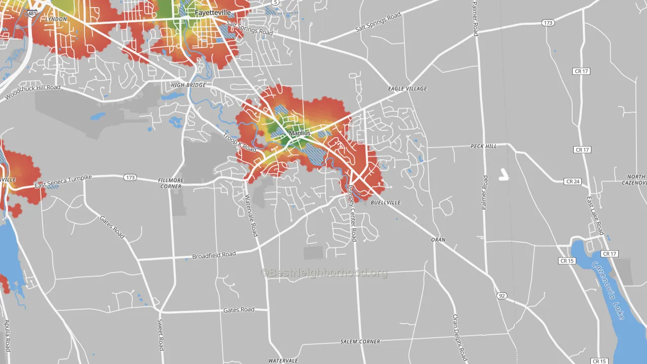 Walk Grade map of 13104, NY, walkable areas in green and car-dependent areas in red