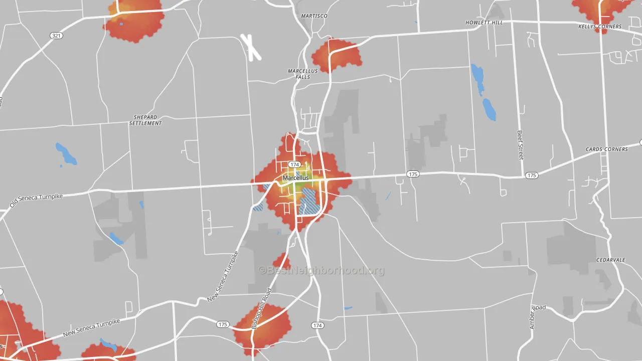 Walk Grade map of 13108, NY, walkable areas in green and car-dependent areas in red