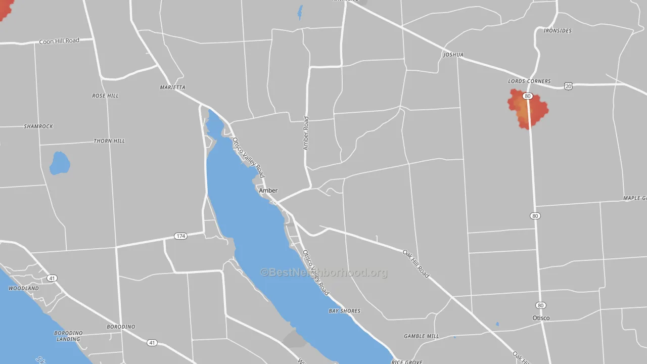 Walk Grade map of 13110, NY, walkable areas in green and car-dependent areas in red