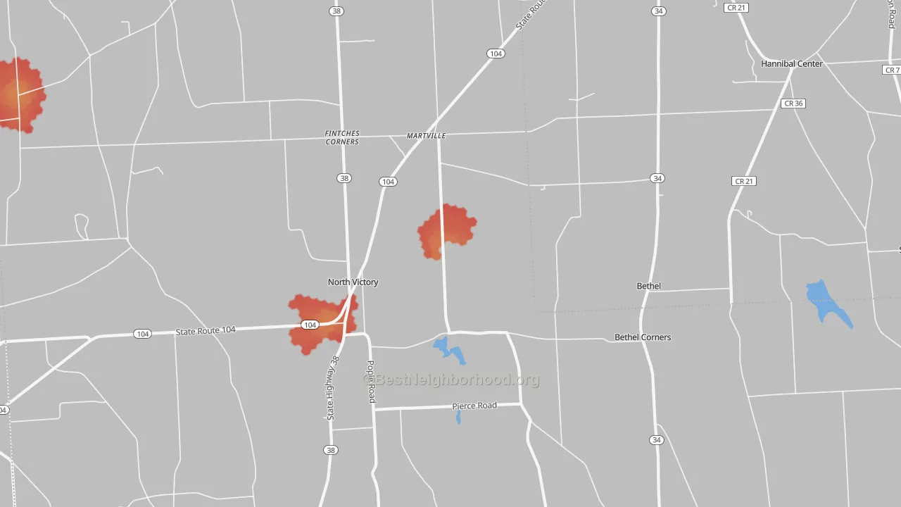 Walk Grade map of 13111, NY, walkable areas in green and car-dependent areas in red