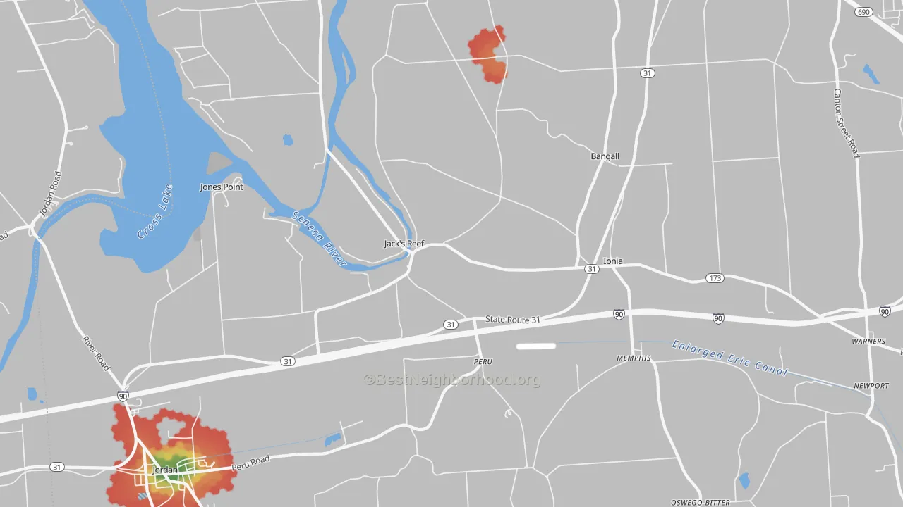 Walk Grade map of 13112, NY, walkable areas in green and car-dependent areas in red