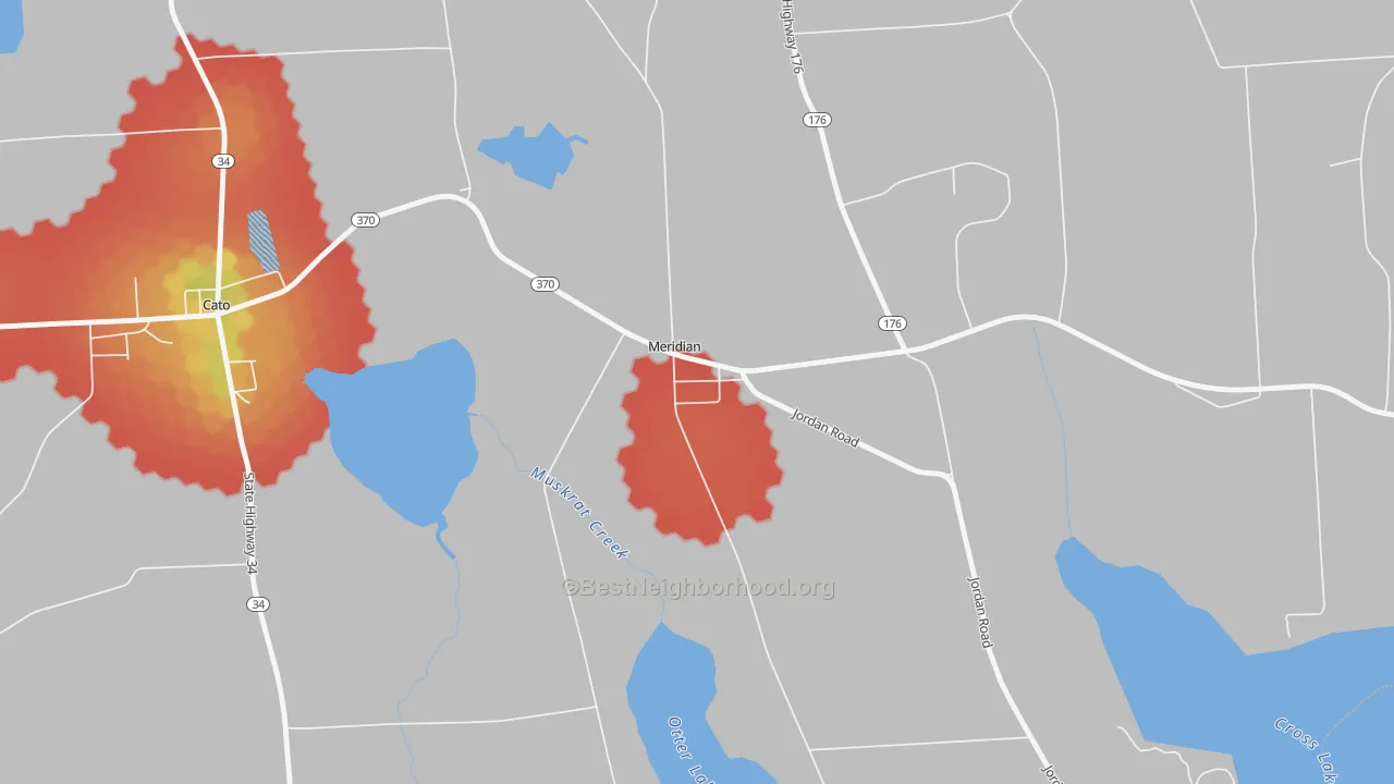 Walk Grade map of 13113, NY, walkable areas in green and car-dependent areas in red