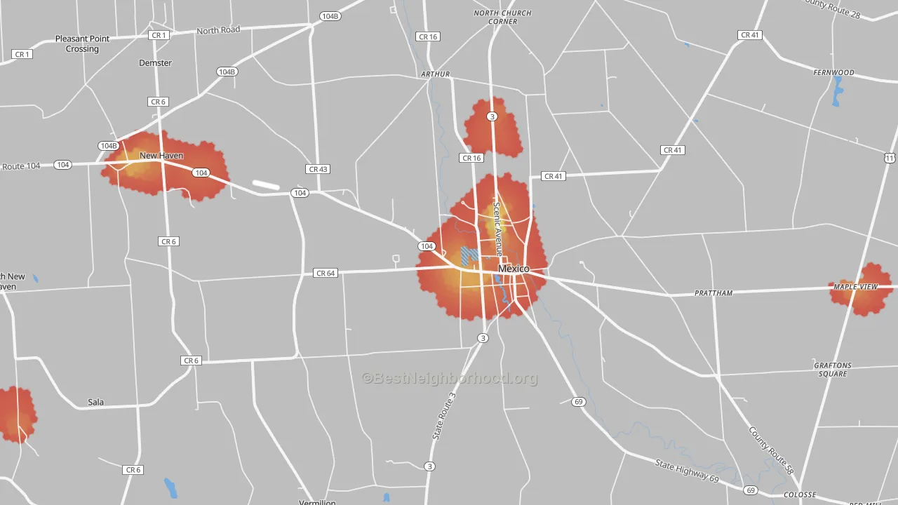 Walk Grade map of 13114, NY, walkable areas in green and car-dependent areas in red