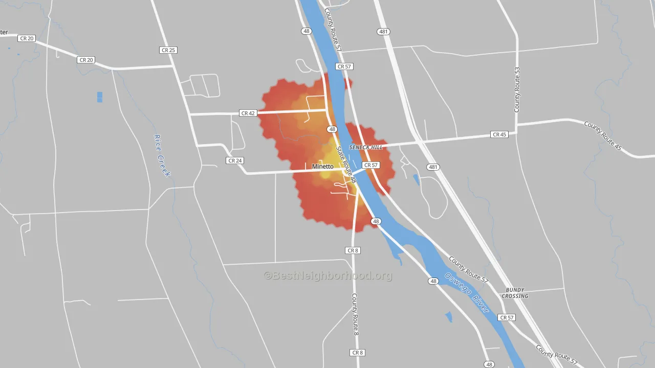 Walk Grade map of 13115, NY, walkable areas in green and car-dependent areas in red