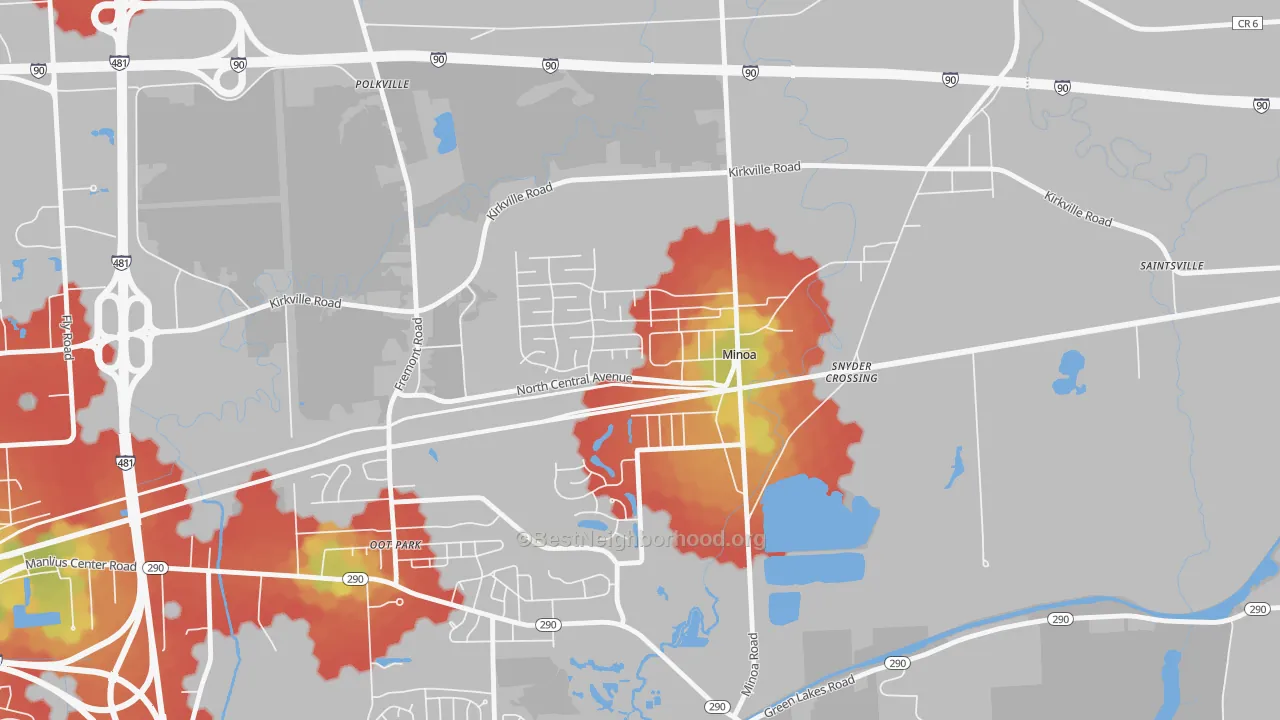 Walk Grade map of 13116, NY, walkable areas in green and car-dependent areas in red