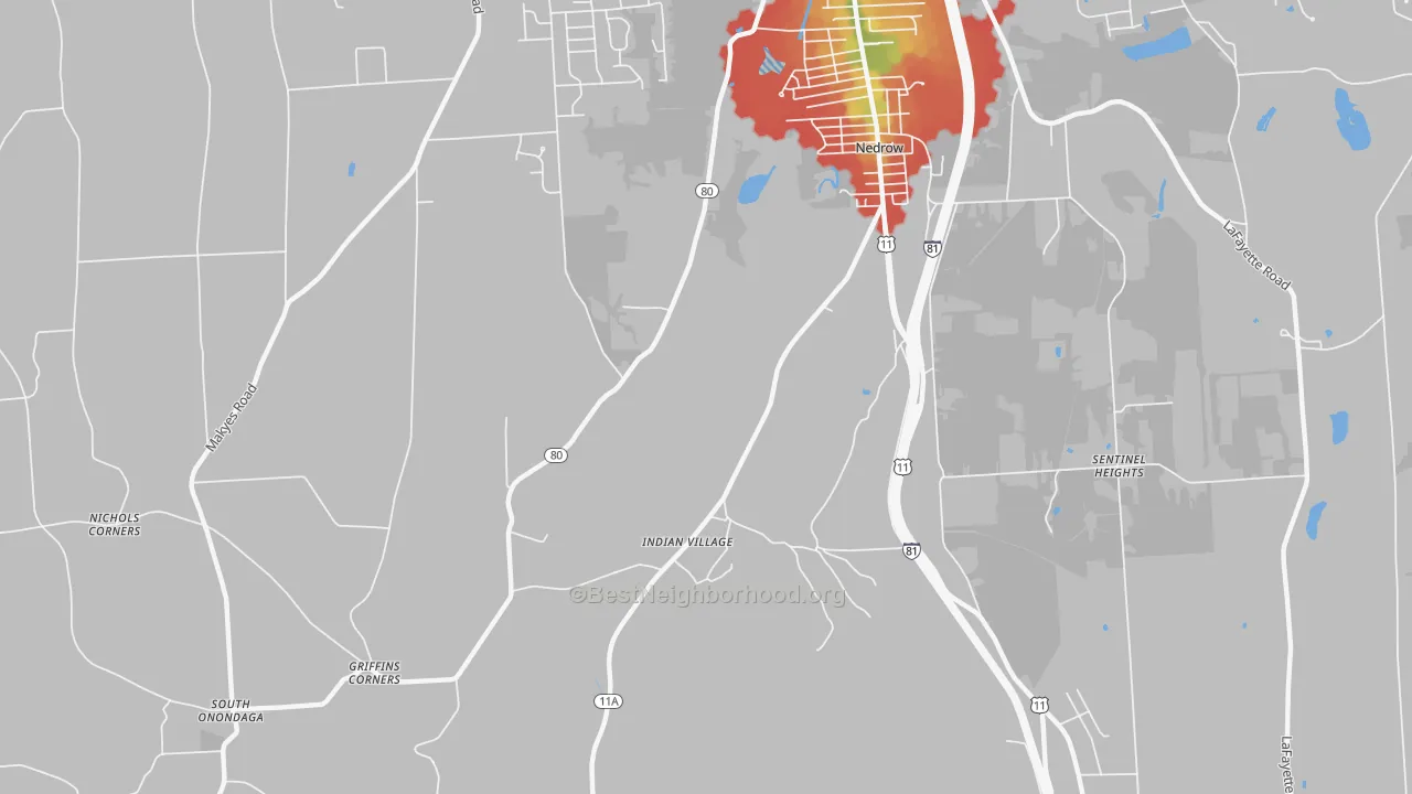 Walk Grade map of 13120, NY, walkable areas in green and car-dependent areas in red