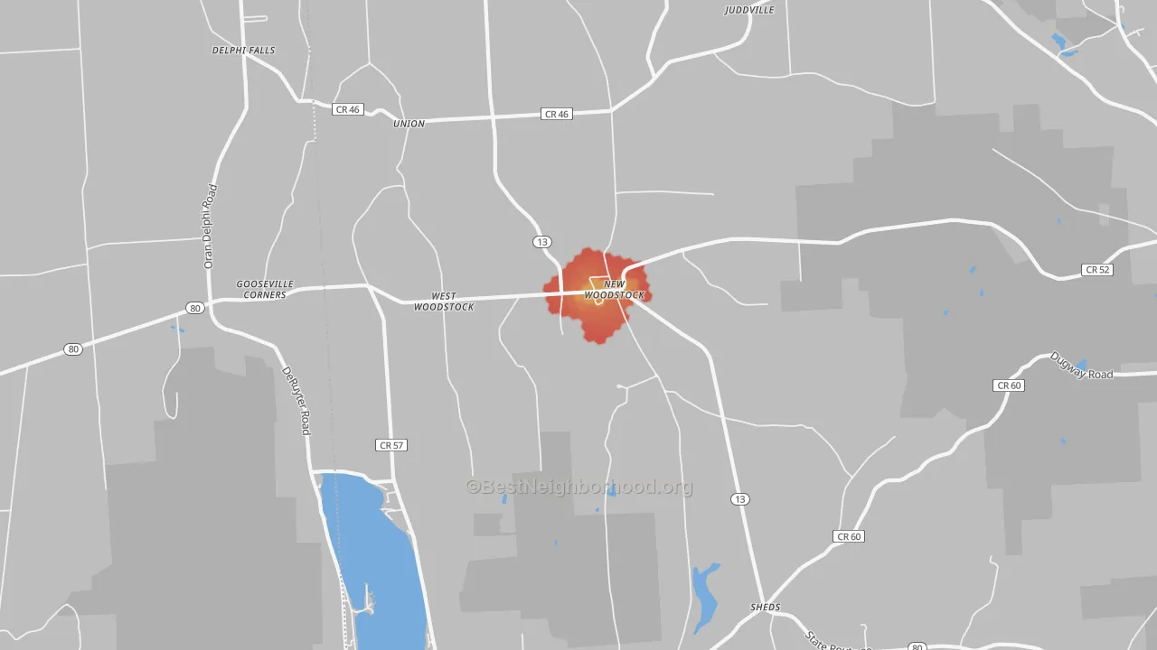 Walk Grade map of 13122, NY, walkable areas in green and car-dependent areas in red