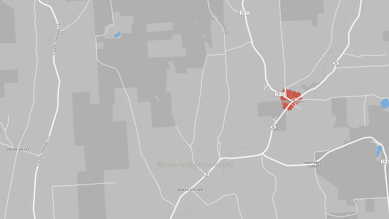 Walk Grade map of 13124, NY, walkable areas in green and car-dependent areas in red