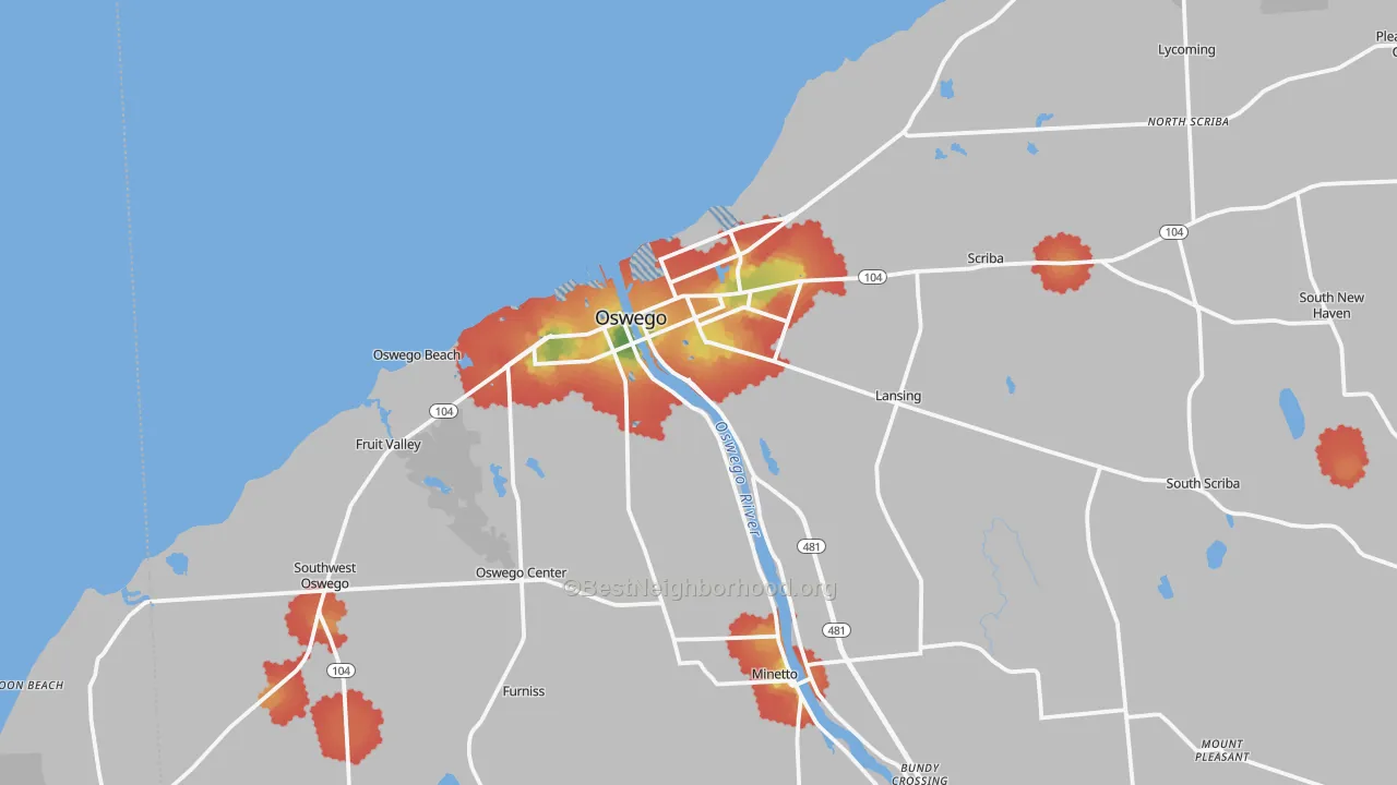 Walk Grade map of 13126, NY, walkable areas in green and car-dependent areas in red