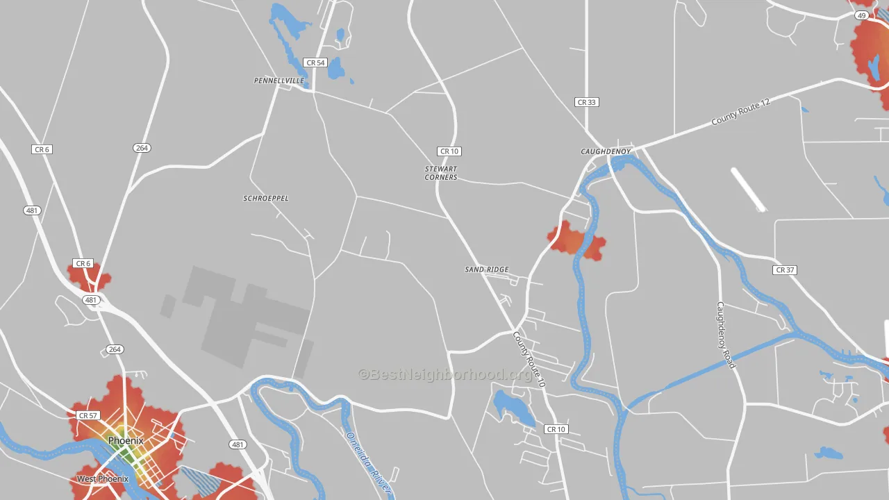 Walk Grade map of 13132, NY, walkable areas in green and car-dependent areas in red