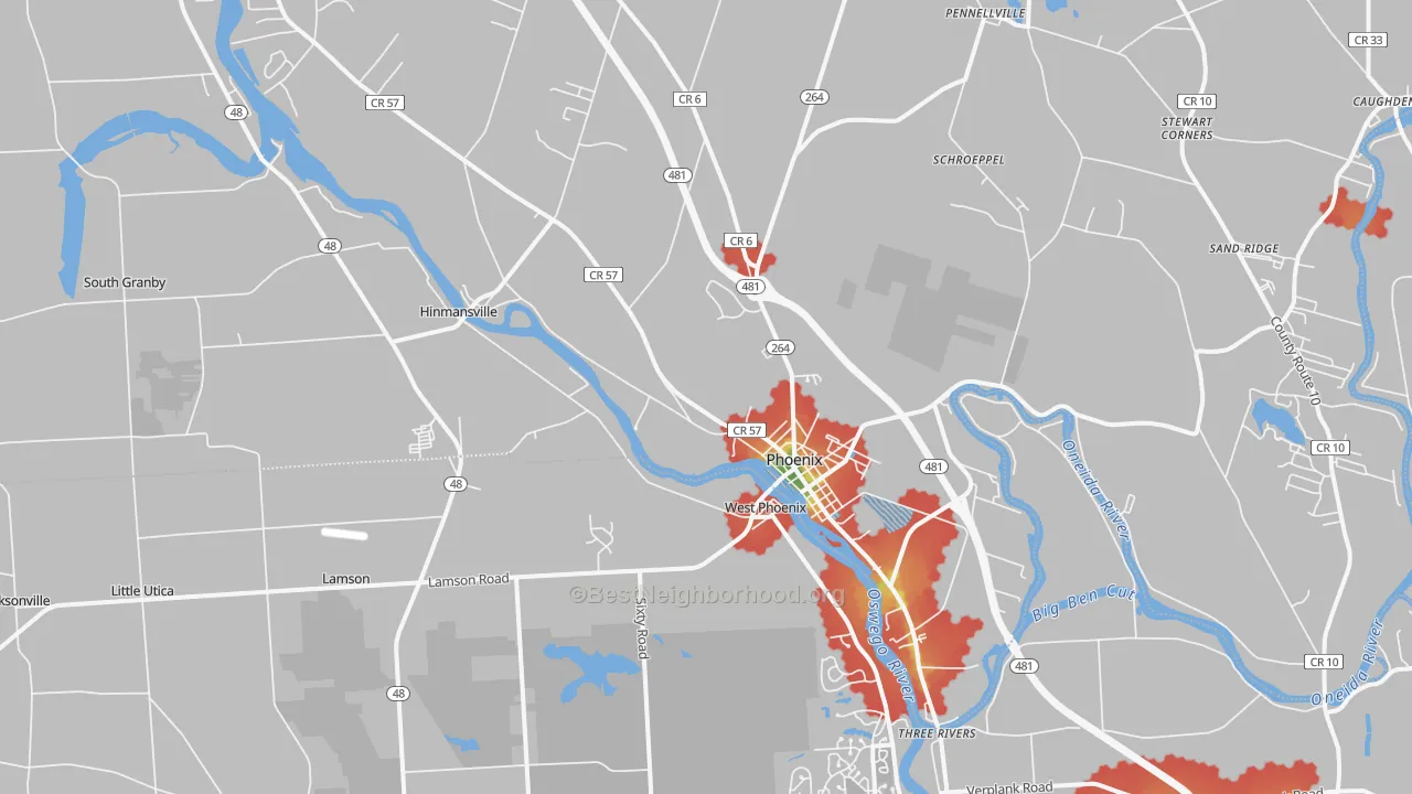 Walk Grade map of 13135, NY, walkable areas in green and car-dependent areas in red