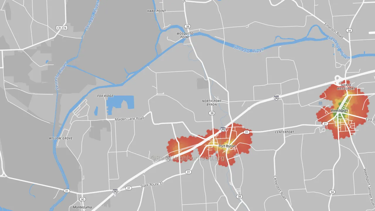 Walk Grade map of 13140, NY, walkable areas in green and car-dependent areas in red
