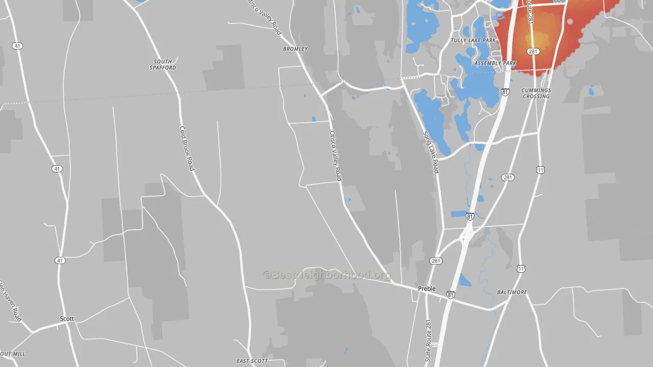 Walk Grade map of 13141, NY, walkable areas in green and car-dependent areas in red