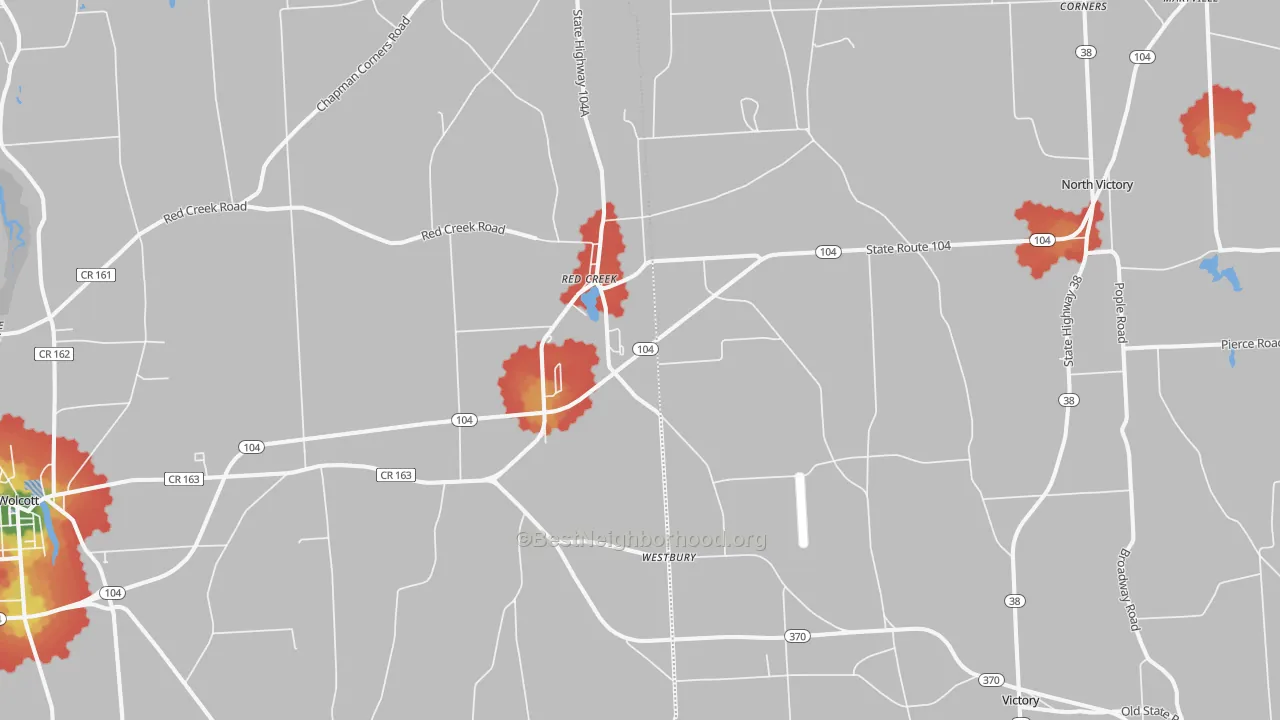 Walk Grade map of 13143, NY, walkable areas in green and car-dependent areas in red